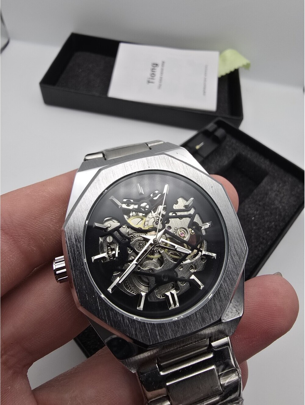 Silver Stainless Steel Skeleton Dial Automatic Mechanical Men's Octagon Watch